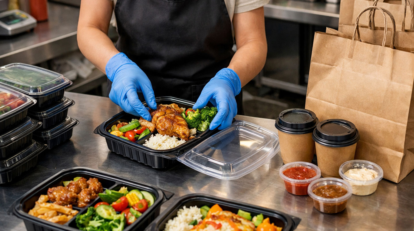Chef de cuisine plaçant un plat préparé dans une boîte alimentaire hermétique, vue par-dessus l'épaule, mains et contenant au premier plan