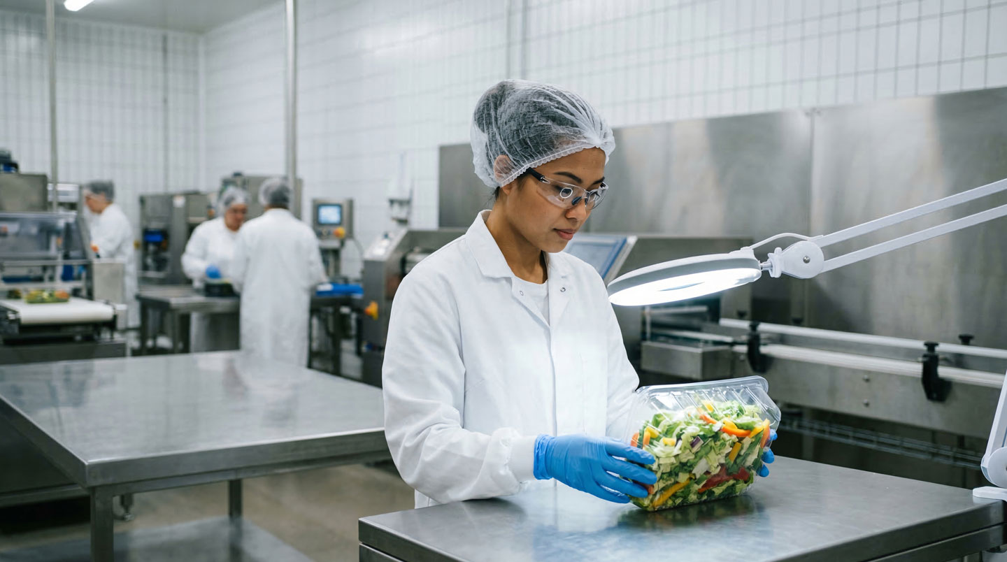 Cuisine professionnelle moderne avec plans de travail en inox et zone de préparation lumineuse