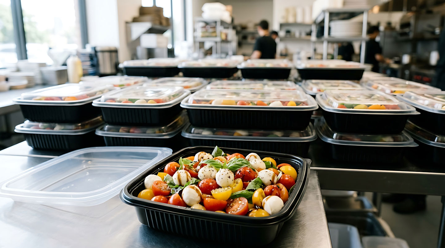 Empilement de boîtes alimentaires hermétiques de différentes tailles montrant la variété des contenants professionnels pour vente à emporter