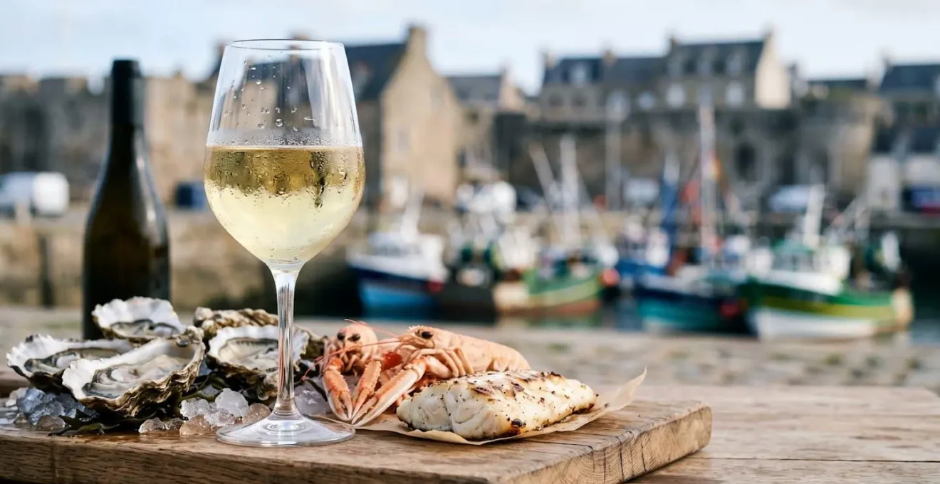 Verre de vin blanc et plateau de fruits de mer sur une table en bois avec le port de Brest en arrière-plan flou