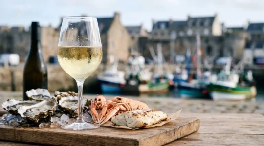 Verre de vin blanc et plateau de fruits de mer sur une table en bois avec le port de Brest en arrière-plan flou