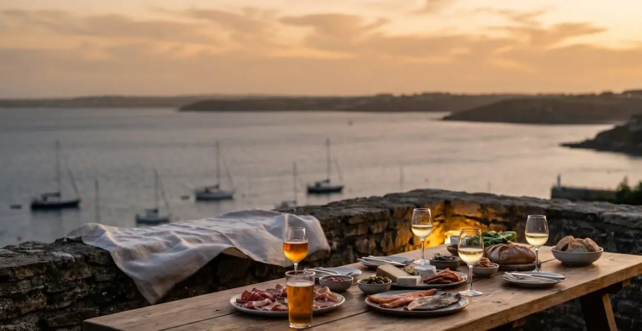 Table d'apéritif généreuse et conviviale installée en extérieur avec vue sur une rade bretonne au coucher du soleil