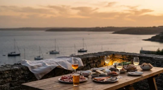 Table d'apéritif généreuse et conviviale installée en extérieur avec vue sur une rade bretonne au coucher du soleil