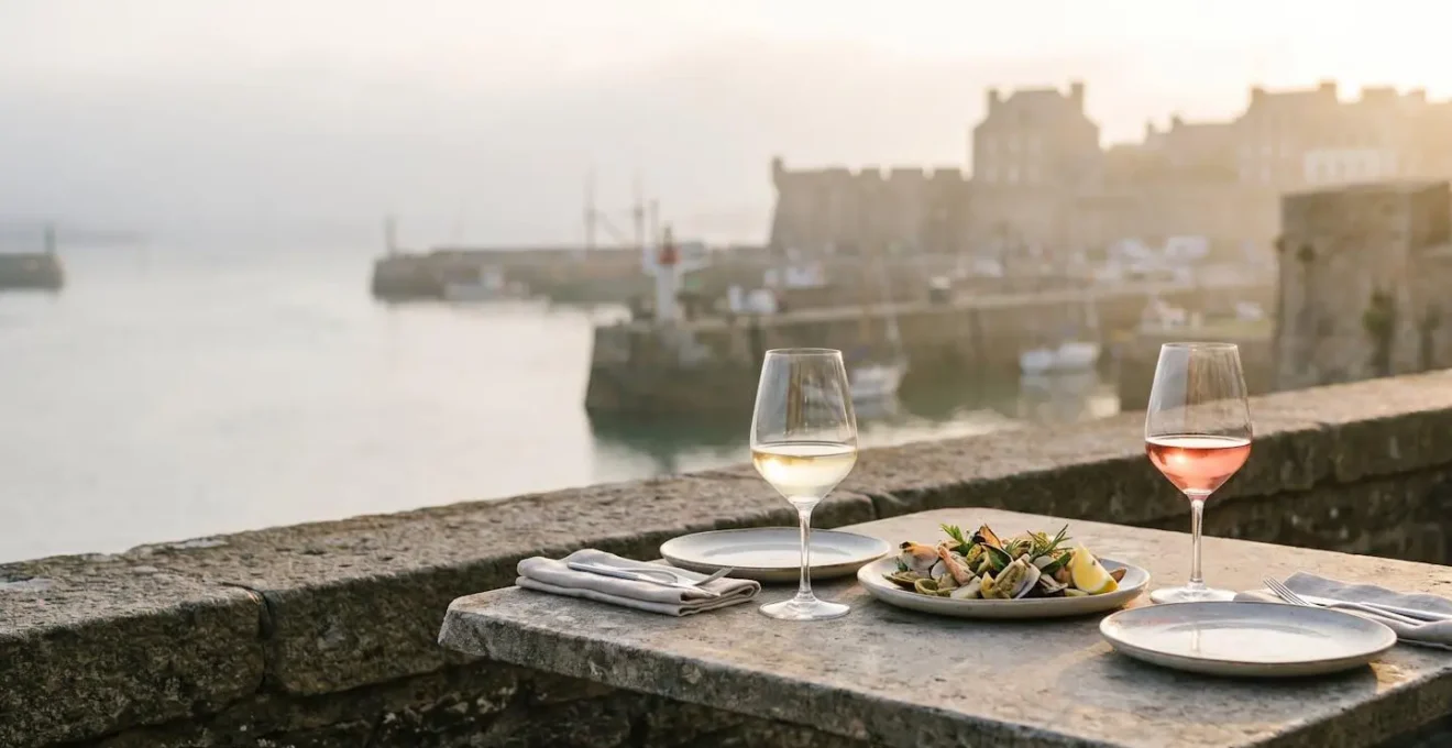 Table gastronomique dressée avec verres à vin et assiette raffinée face à la rade de Brest, symbolisant l'art des accords mets-vins