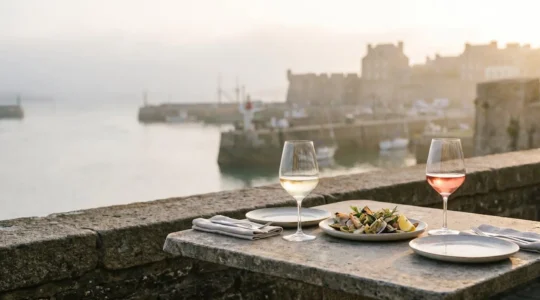 Table gastronomique dressée avec verres à vin et assiette raffinée face à la rade de Brest, symbolisant l'art des accords mets-vins