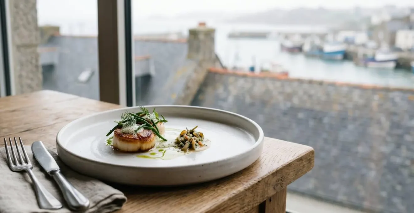 Assiette blanche mate mettant en valeur un dressage gastronomique inspire du littoral brestois