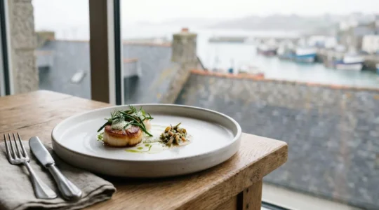 Assiette blanche mate mettant en valeur un dressage gastronomique inspire du littoral brestois
