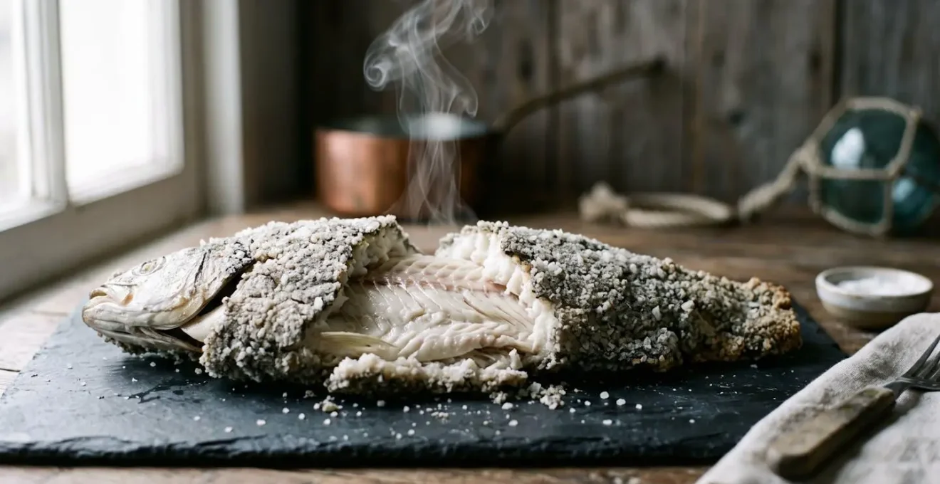 Bar entier en croûte de sel craquée laissant échapper un filet de vapeur sur une table en ardoise bretonne