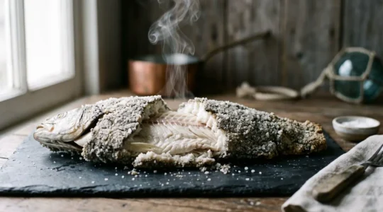 Bar entier en croûte de sel craquée laissant échapper un filet de vapeur sur une table en ardoise bretonne