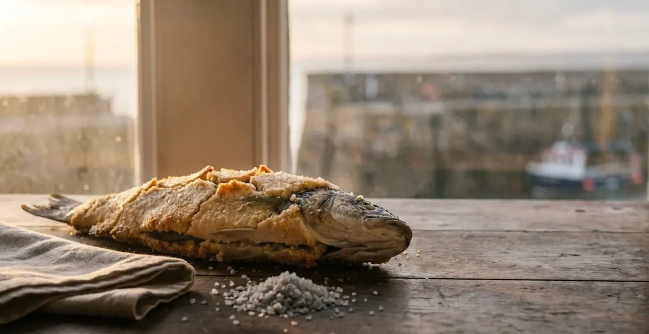 Un bar entier tout juste sorti du four, encore scellé dans sa croûte de sel dorée, posé sur une table en bois dans une ambiance côtière bretonne.