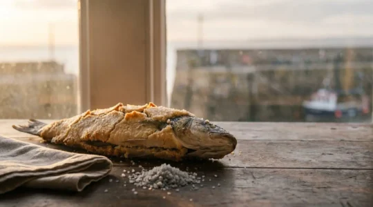 Un bar entier tout juste sorti du four, encore scellé dans sa croûte de sel dorée, posé sur une table en bois dans une ambiance côtière bretonne.