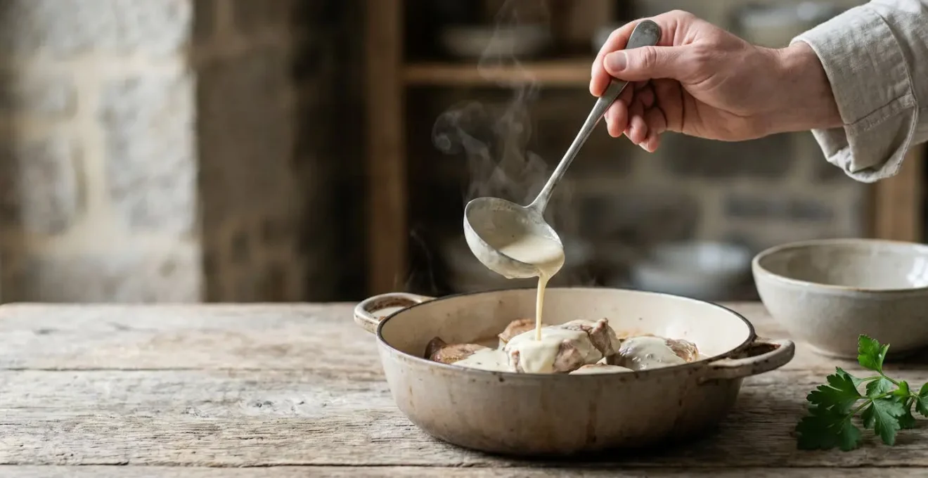 Sauce blanche onctueuse nappant délicatement des morceaux de veau dans une cocotte en fonte, ambiance cuisine bretonne authentique