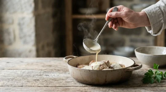 Sauce blanche onctueuse nappant délicatement des morceaux de veau dans une cocotte en fonte, ambiance cuisine bretonne authentique