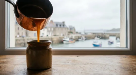 Filet de caramel au beurre salé doré coulant dans un pot en terre cuite, dans une cuisine bretonne baignée de lumière naturelle
