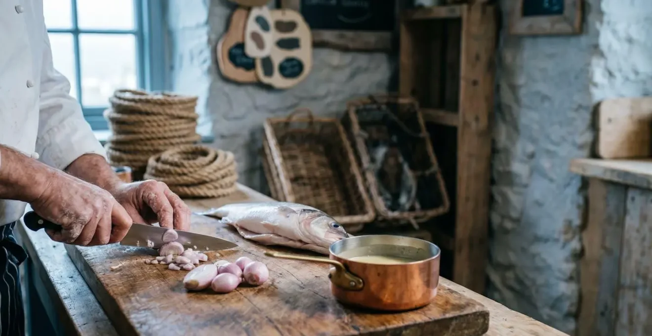 Chef ciselant finement des échalotes à côté d'un poisson entier, dans une cuisine au style breton portuaire