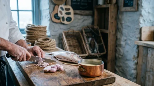 Chef ciselant finement des échalotes à côté d'un poisson entier, dans une cuisine au style breton portuaire