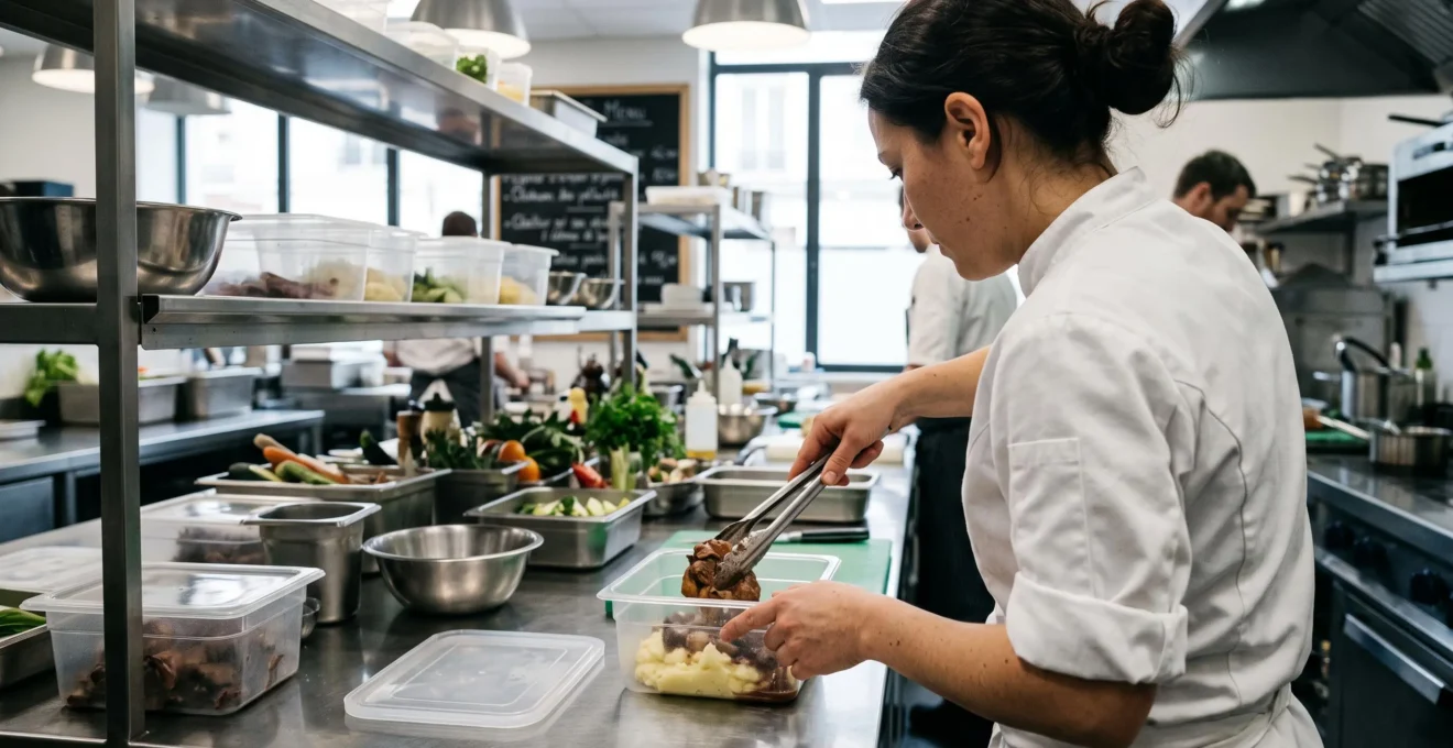 Chef de cuisine plaçant un plat préparé dans une boîte alimentaire hermétique, vue par-dessus l'épaule, mains et contenant au premier plan