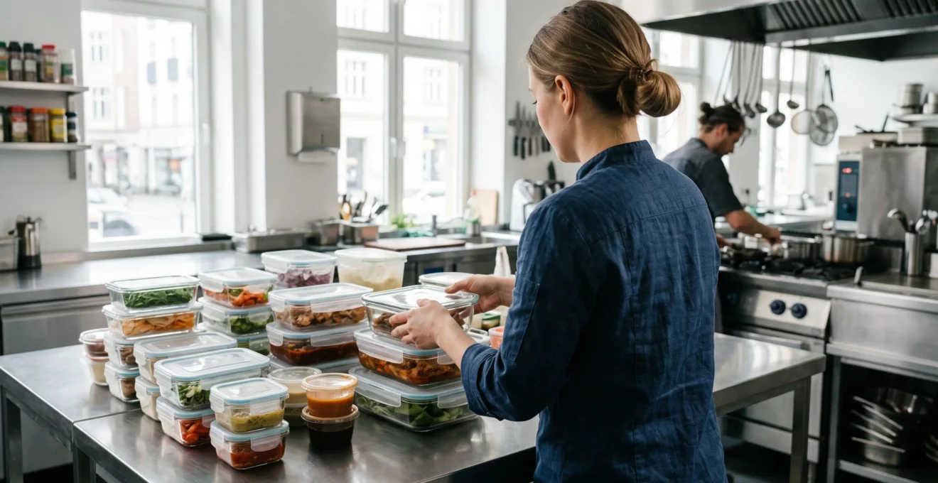 Un chef de cuisine vu de dos organise différents formats de barquettes alimentaires sur un plan de travail en acier inoxydable dans une cuisine professionnelle lumineuse