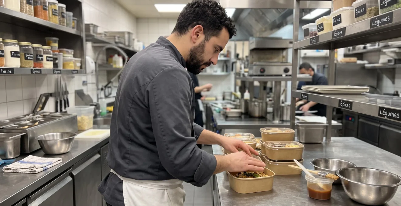 Chef professionnel vu de dos manipulant avec précision des contenants alimentaires en kraft naturel sur un plan de travail immaculé dans une cuisine moderne