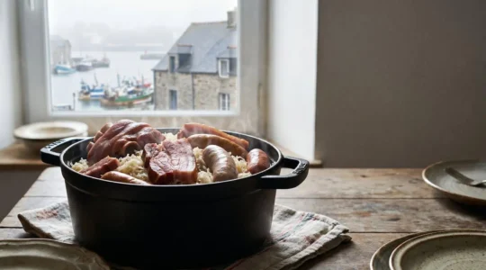 Plat genereux de choucroute et charcuteries fumees dresse sur une table en bois avec vue sur la rade de Brest en arriere-plan