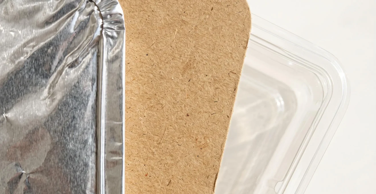 Vue rapprochée de trois barquettes alimentaires côte à côte montrant les textures distinctes de l'aluminium brillant, du carton kraft naturel et du plastique transparent sur une surface blanche