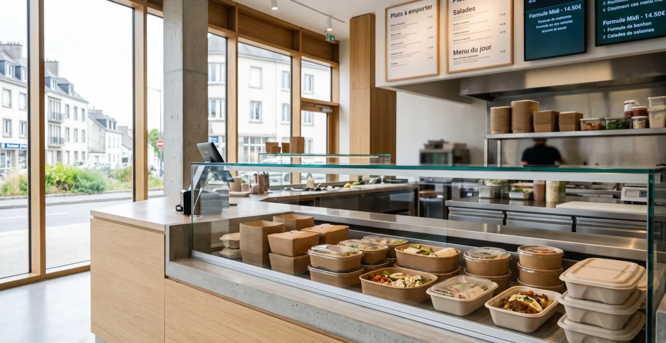 Vue grand angle d'un comptoir de restaurant moderne avec présentoir de différents contenants à emporter en carton et biodégradables, sans présence humaine au premier plan, architecture contemporaine et lumière naturelle abondante