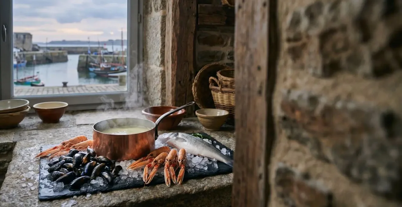 Marmite de court-bouillon frémissant entourée de moules, langoustines et poisson frais dans une cuisine côtière bretonne