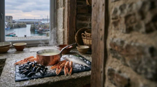 Marmite de court-bouillon frémissant entourée de moules, langoustines et poisson frais dans une cuisine côtière bretonne