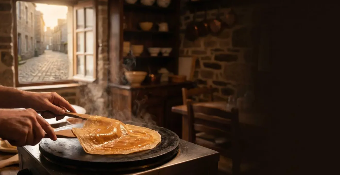 Crepe de froment doree nappee de caramel au beurre sale, servie dans une creperie traditionnelle bretonne