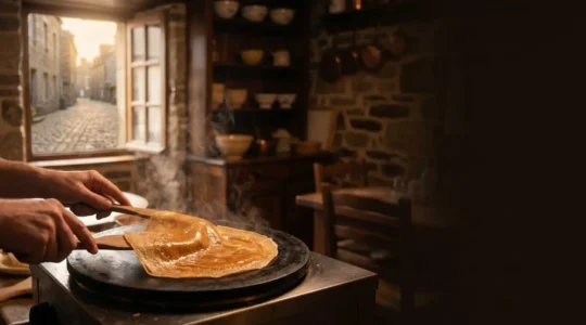 Crepe de froment doree nappee de caramel au beurre sale, servie dans une creperie traditionnelle bretonne