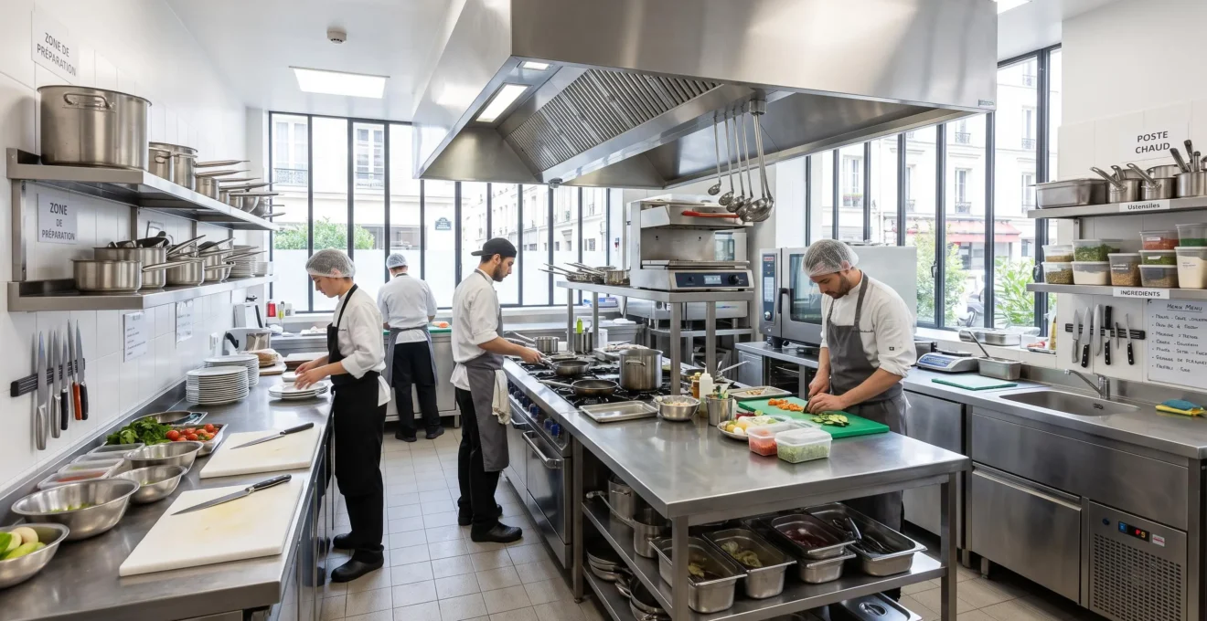 Cuisine professionnelle contemporaine aux surfaces en inox impeccables, baignée de lumière naturelle à travers de grandes fenêtres, ambiance épurée et équipement moderne discret