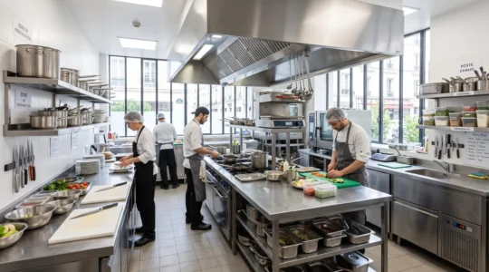 Cuisine professionnelle contemporaine aux surfaces en inox impeccables, baignée de lumière naturelle à travers de grandes fenêtres, ambiance épurée et équipement moderne discret