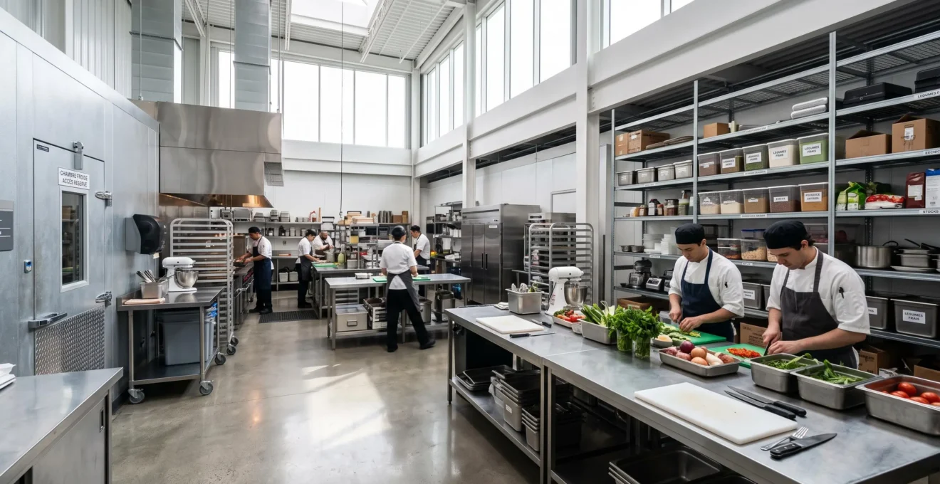 Cuisine professionnelle moderne avec plans de travail en inox et zone de préparation lumineuse