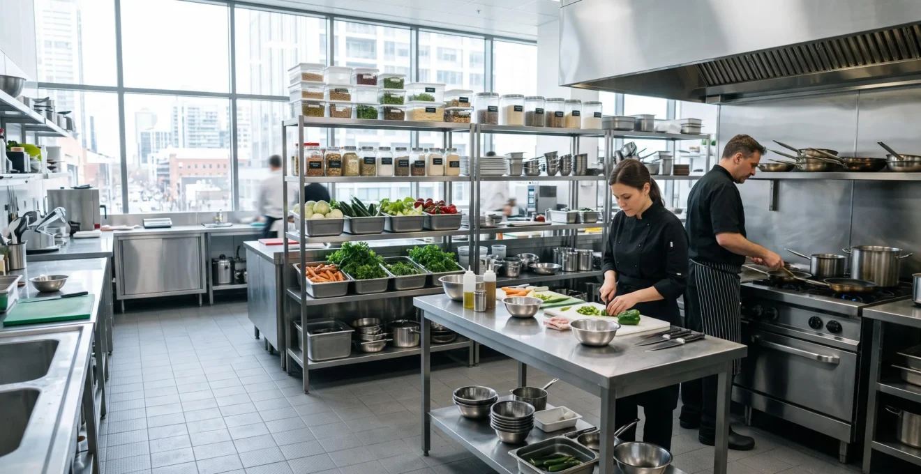 Vue grand angle d'une cuisine professionnelle contemporaine avec plan de travail en acier propre et étagères de stockage organisées avec contenants alimentaires en arrière-plan sous lumière naturelle