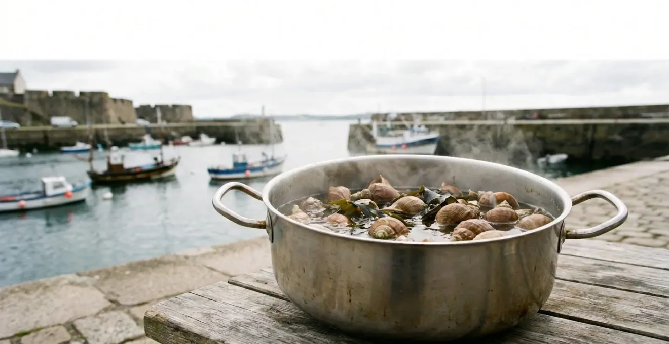 Marmite de bulots en cuisson dans un court-bouillon iodé, ambiance portuaire bretonne au crépuscule