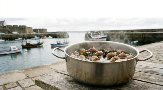 Marmite de bulots en cuisson dans un court-bouillon iodé, ambiance portuaire bretonne au crépuscule