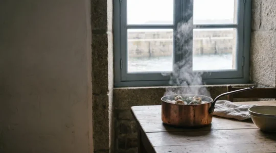 Casserole en cuivre de bulots fraîchement pêchés cuisant dans un court-bouillon iodé, dans une cuisine côtière bretonne