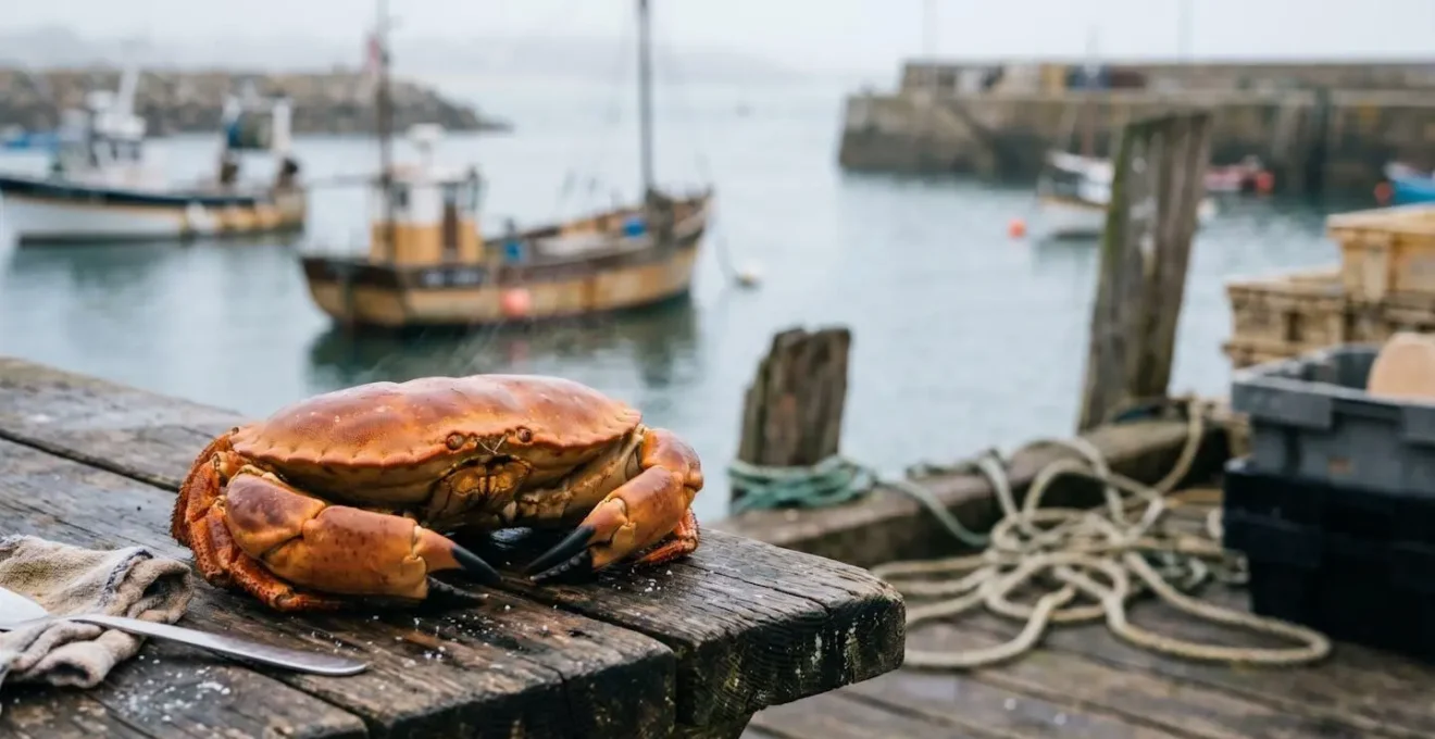 Tourteau entier fraîchement cuit posé sur une table de bois face à un port breton, symbole d'une cuisson maîtrisée préservant toute la chair