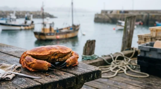 Tourteau entier fraîchement cuit posé sur une table de bois face à un port breton, symbole d'une cuisson maîtrisée préservant toute la chair