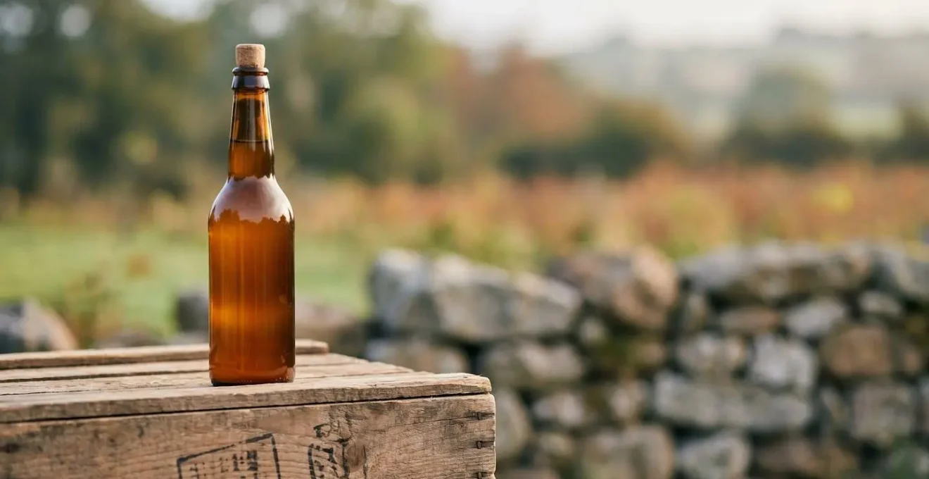 Bouteille de cidre breton artisanal posée sur une caisse en bois devant un verger de pommiers flou en arrière-plan, évoquant l'authenticité locale du Finistère