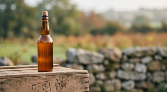 Bouteille de cidre breton artisanal posée sur une caisse en bois devant un verger de pommiers flou en arrière-plan, évoquant l'authenticité locale du Finistère