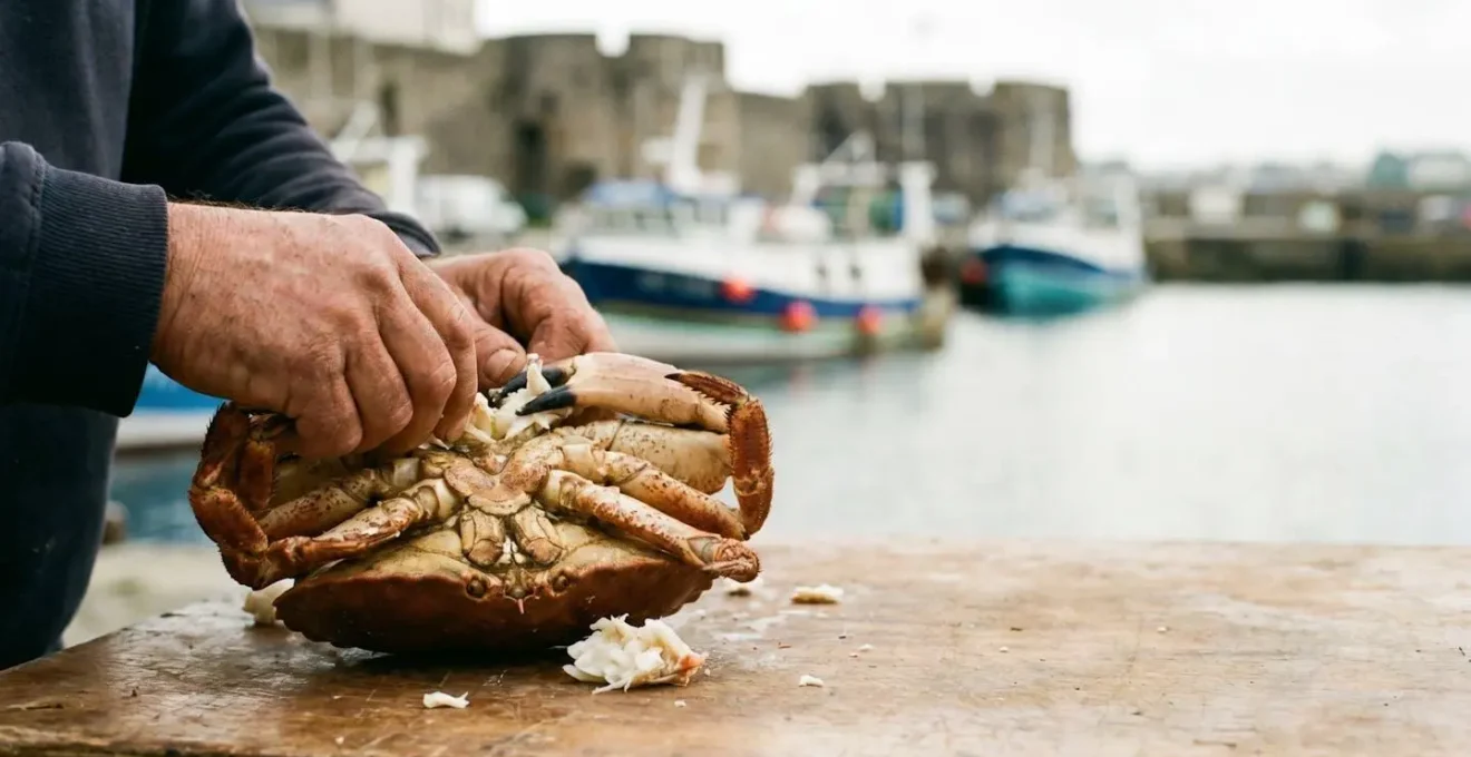 Mains expertes decortiquant un tourteau entier sur une table en bois, dans une ambiance portuaire bretonne