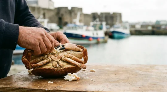 Mains expertes decortiquant un tourteau entier sur une table en bois, dans une ambiance portuaire bretonne