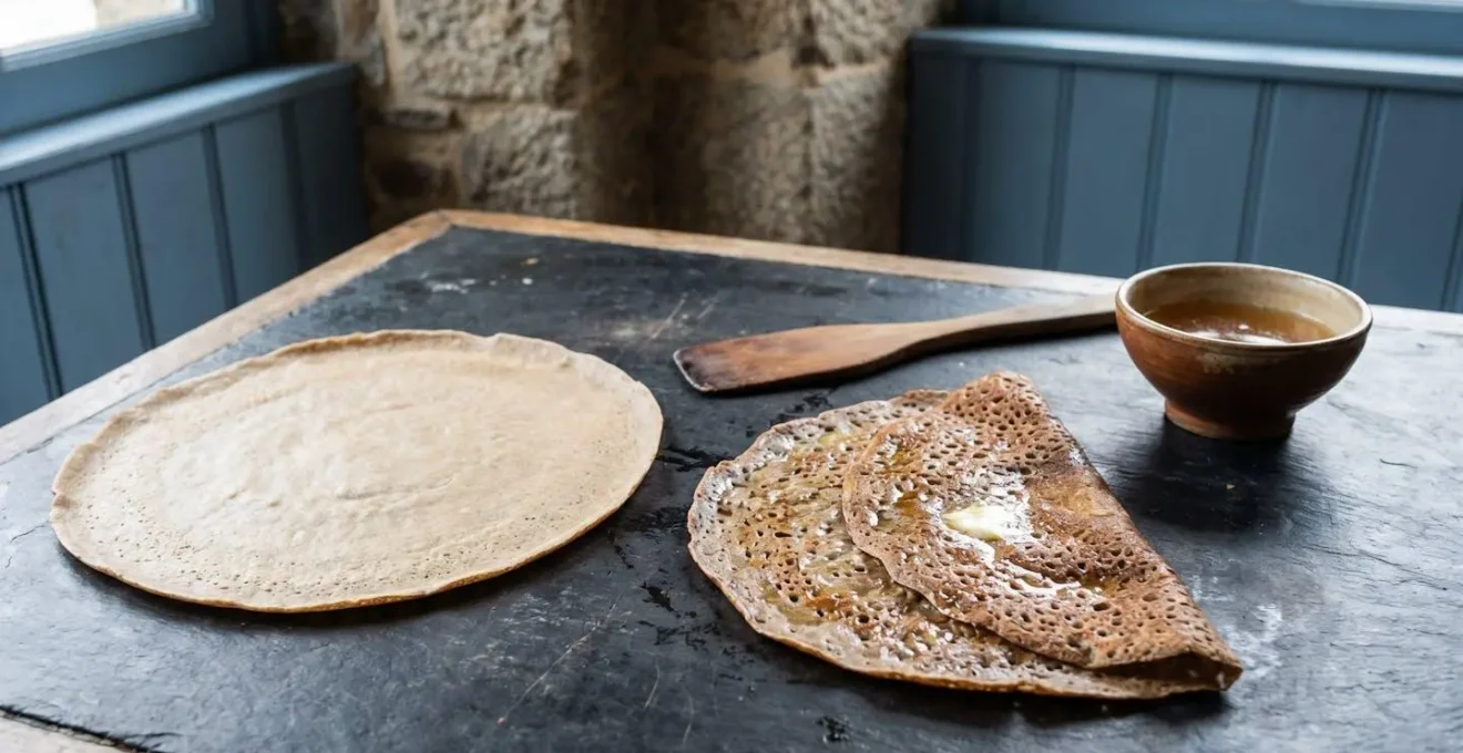 Deux galettes bretonnes côte à côte sur une table en ardoise, l'une à la texture alvéolée et dorée, l'autre plus pâle et uniforme, dans une crêperie du Finistère
