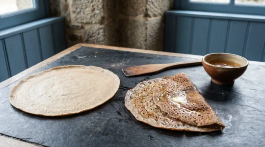 Deux galettes bretonnes côte à côte sur une table en ardoise, l'une à la texture alvéolée et dorée, l'autre plus pâle et uniforme, dans une crêperie du Finistère