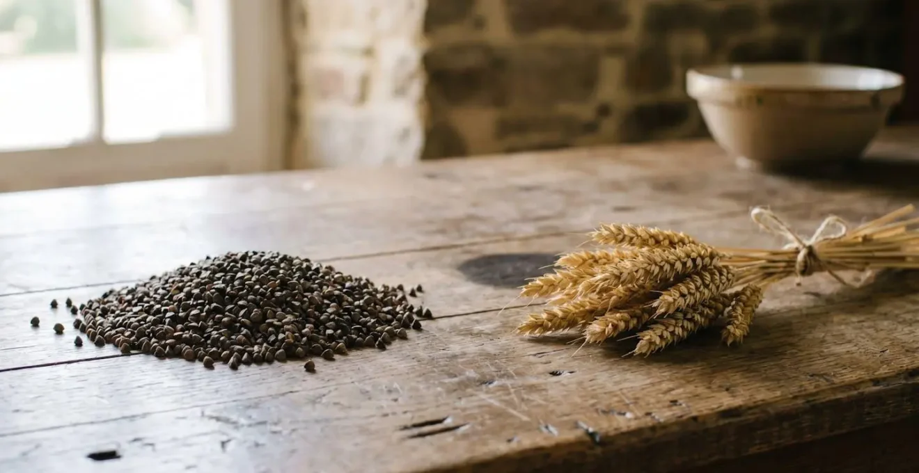 Grains sombres de sarrasin et epis de ble dore se faisant face sur une table en bois brut, symbolisant la dualite entre le blé noir et le veritable ble en Bretagne