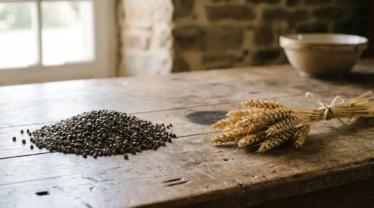 Grains sombres de sarrasin et epis de ble dore se faisant face sur une table en bois brut, symbolisant la dualite entre le blé noir et le veritable ble en Bretagne