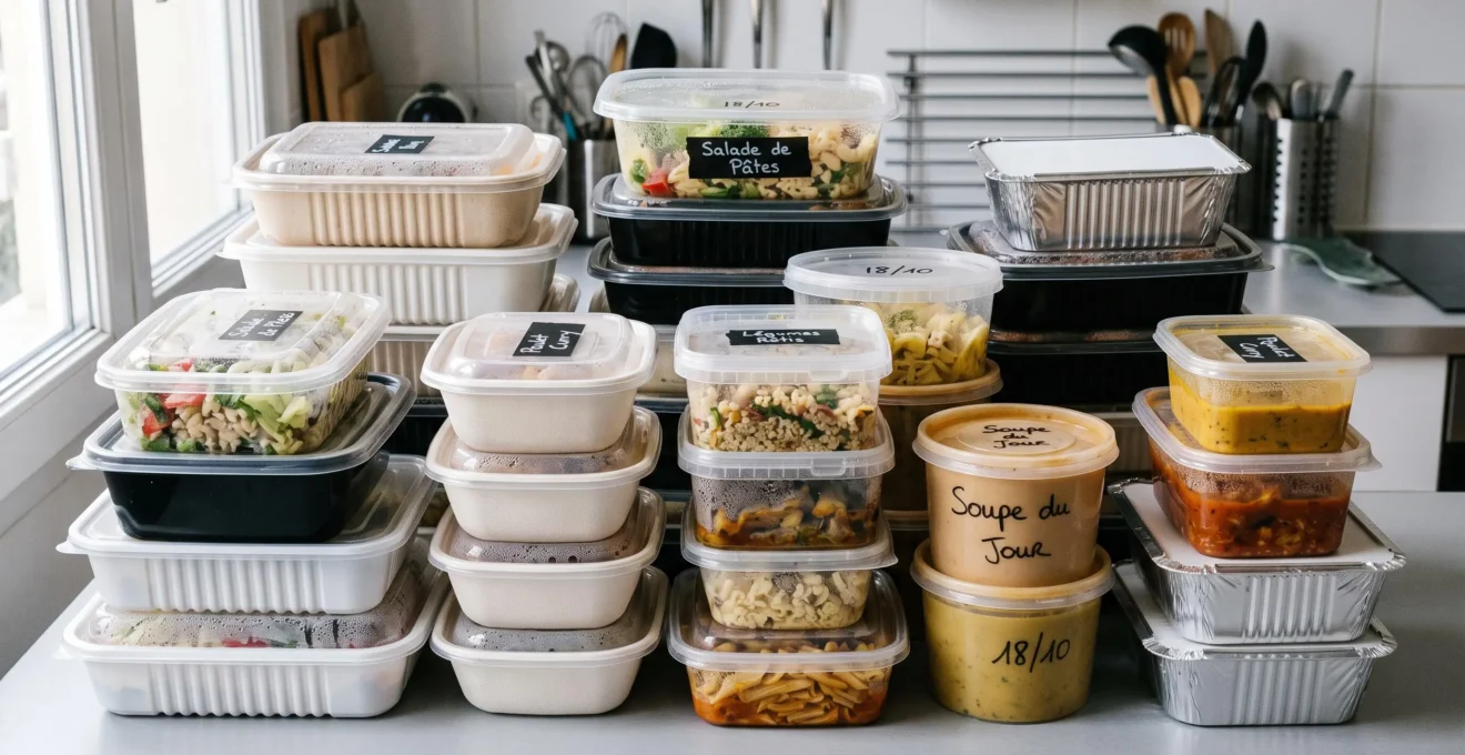 Empilement de boîtes alimentaires hermétiques de différentes tailles montrant la variété des contenants professionnels pour vente à emporter