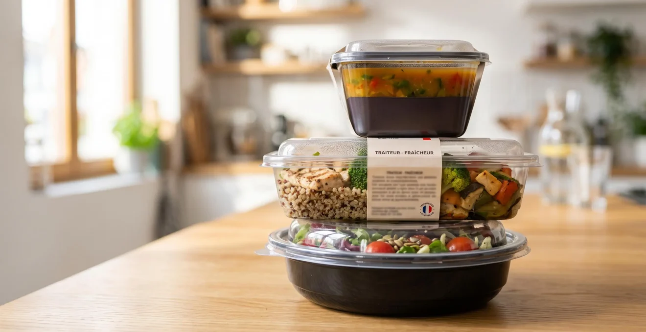Empilement de boîtes alimentaires hermétiques de différentes tailles montrant la variété des contenants professionnels pour vente à emporter