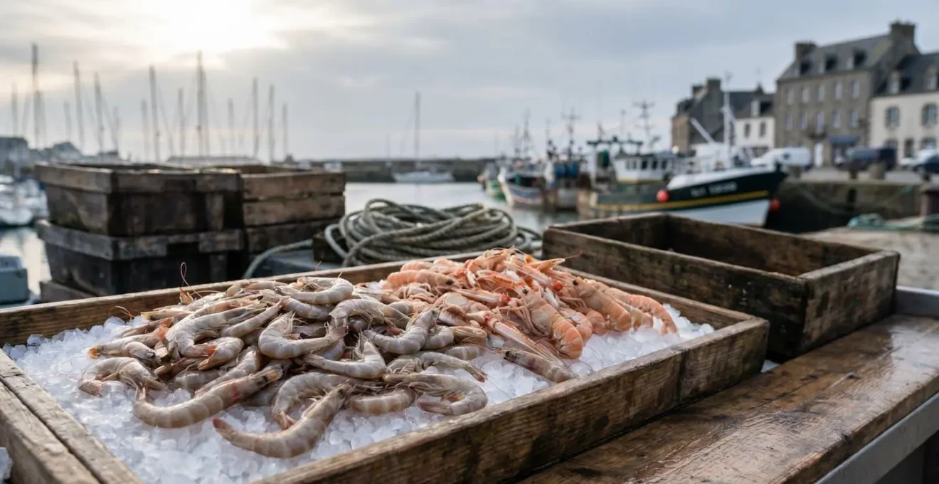 Étal de crevettes fraîches sur glace pilée dans une criée du port de Brest, lumière naturelle du matin